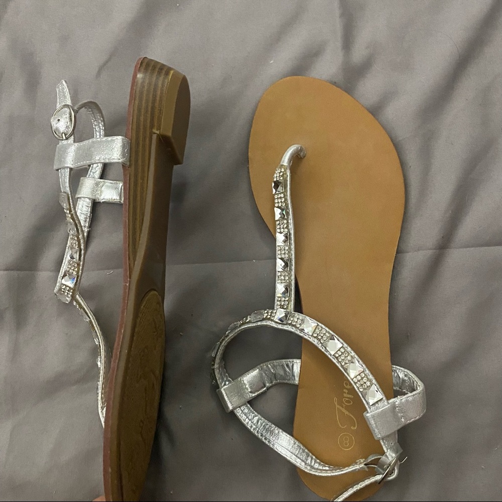 Silver jeweled T-Strap sandals with small heel